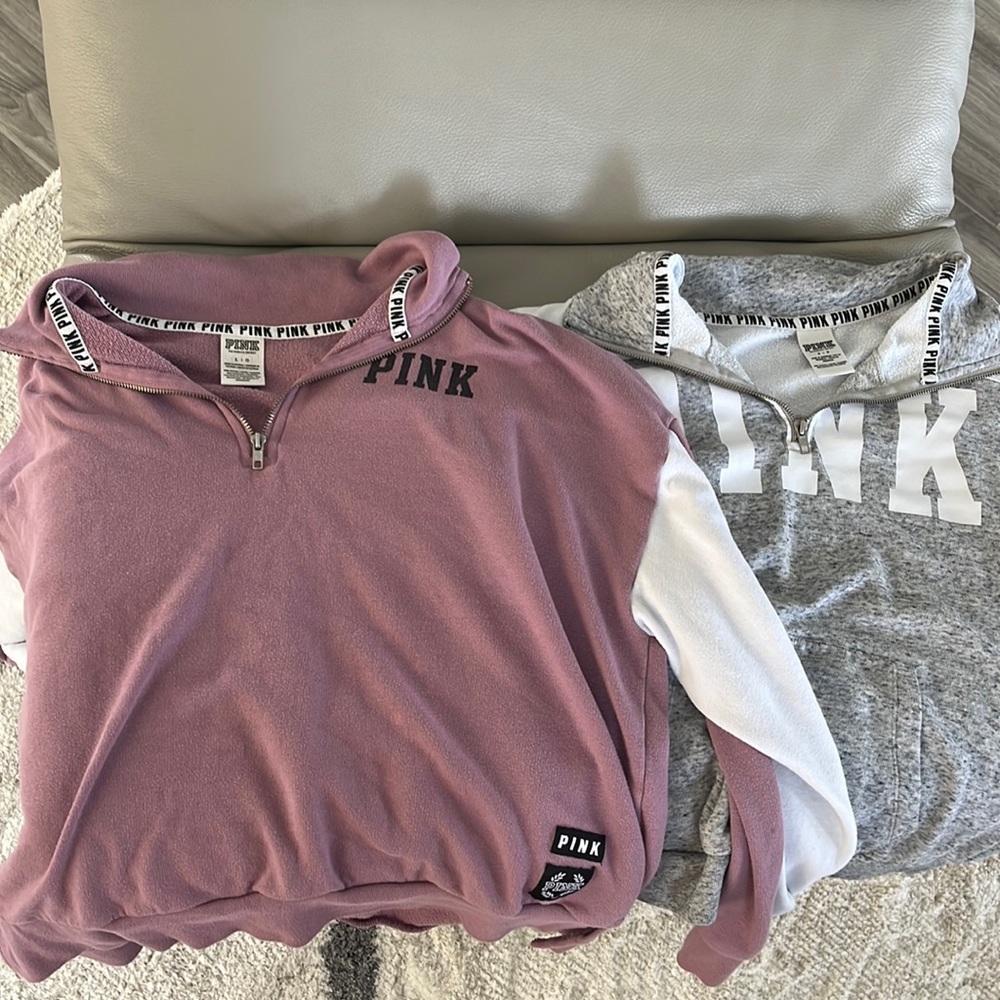Victoria’s Secret quarter zips. Small fits true, large more comfy fit!